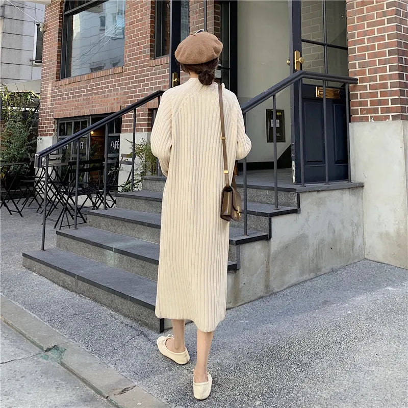 Women Winter basic Long Sweater Dress Turtleneck long sleeve Elegant solid color brief slim Knitted dresses pullovers