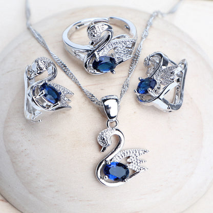 Conjuntos de joyería nupcial de moda para mujer en plata de ley 925 con circonita cúbica azul, pendientes de boda, anillos, pulseras, collar con colgante