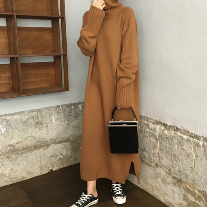 Women Autumn Winter thick Turtleneck long Sweater Dress ladies Long Sleeve straight split Knitted pullover dresses solid color