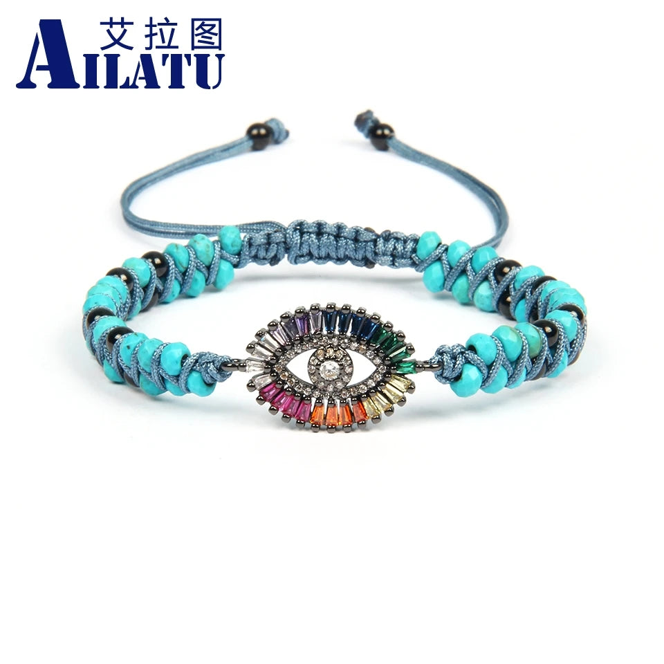 Pulsera tejida estilo bohemio con ojo de la suerte turco y circonita cúbica arcoíris de Ailatu Fashion, pulsera de la amistad única hecha a mano