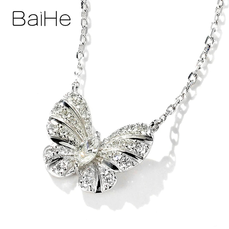 BAIHE Collar de mariposa de diamantes naturales en oro blanco macizo de 18 quilates, cadena de clavícula para mujer, joyería fina de moda