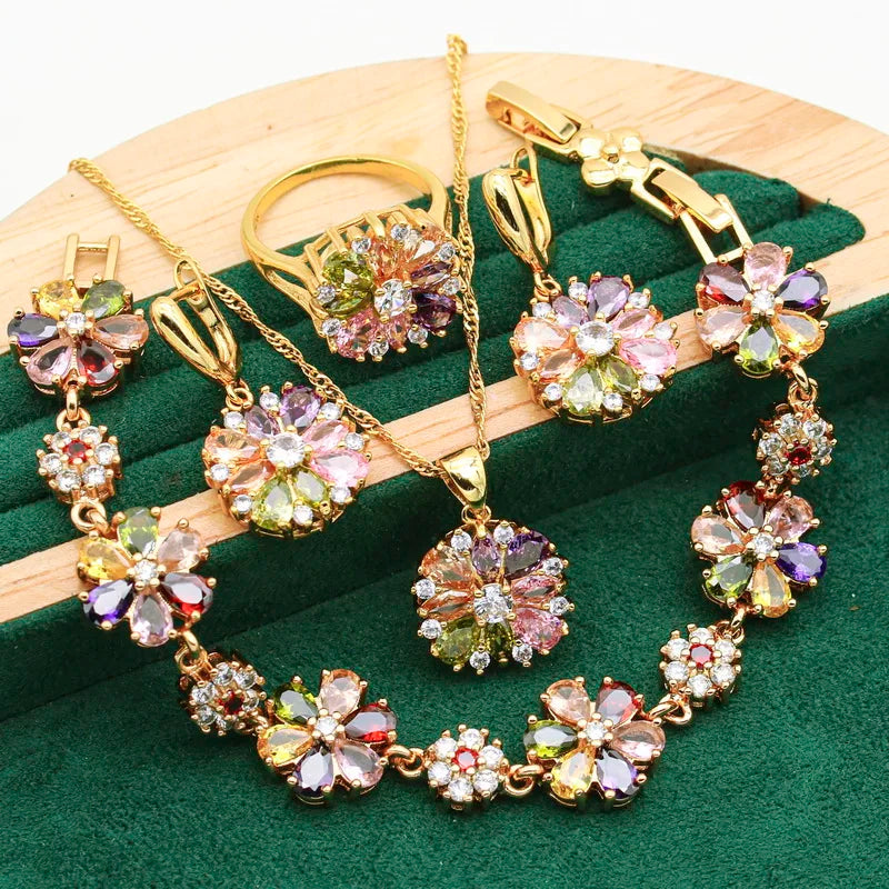 Classic 925 Silver Gold Color Jewelry Sets For Women Wedding Multicolor Zircon Bracelet Earrings Necklace Pendant Ring 4PCS