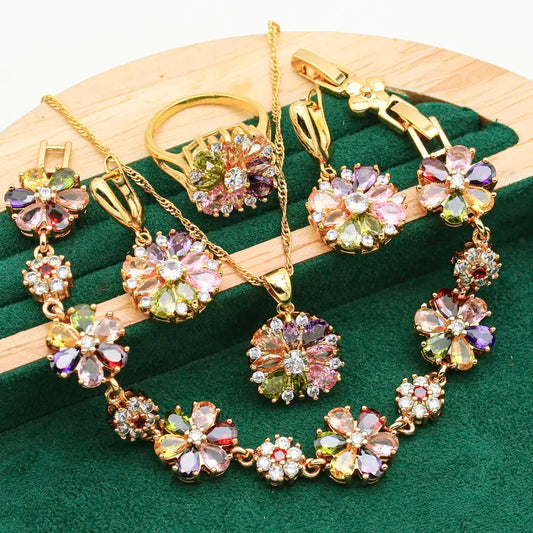 Classic 925 Silver Gold Color Jewelry Sets For Women Wedding Multicolor Zircon Bracelet Earrings Necklace Pendant Ring 4PCS