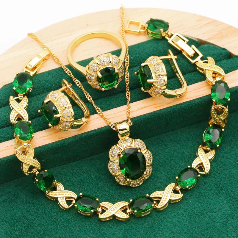 New Arrivals Gold Color Jewelry Sets For Women Wedding Green Zircon Bracelet Ear Clip Earrings Necklace Pendant Ring Gift 4PCS