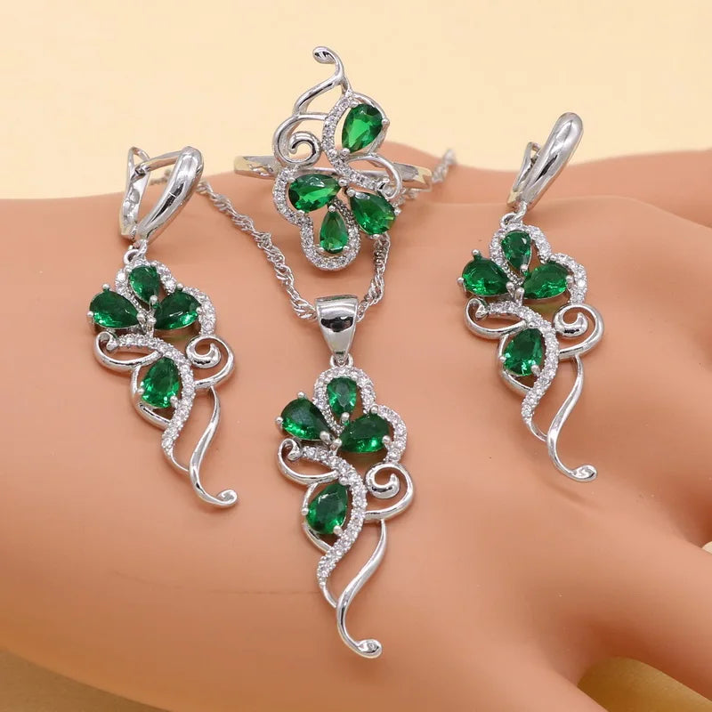 Conjuntos de joyas de circonita cúbica con piedras verdes de plata esterlina 925 para mujer: pendientes, colgantes, collares, anillos y pulseras