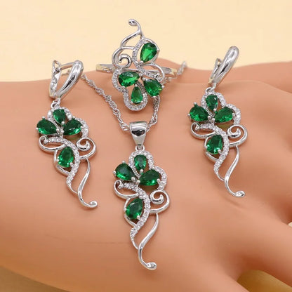 Conjuntos de joyas de circonita cúbica con piedras verdes de plata esterlina 925 para mujer: pendientes, colgantes, collares, anillos y pulseras