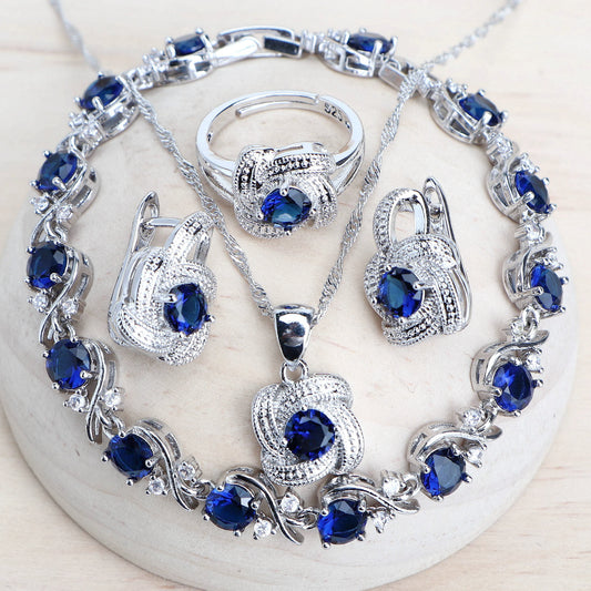 Parure de bijoux pour femme en argent sterling 925 avec zircone bleue, bijoux fantaisie de mariage, boucles d'oreilles, bagues, bracelets, pendentif, collier