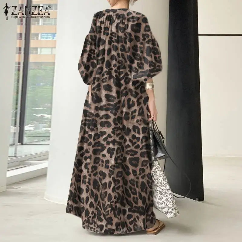 ZANZEA Mode Léopard Imprimé Femme Maxi Robe 2024 Vacances Printemps Manches Bouffantes Longues Robes Décontractées Col V Robe Oversize