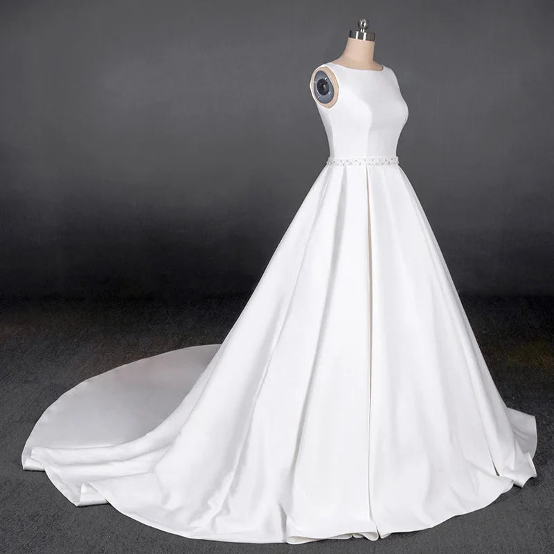 LSDZ16 White Simple Attractive O-Neck With Sleeveless Beading Sashes Wedding Dress 2020 A-Line Lace Up Back