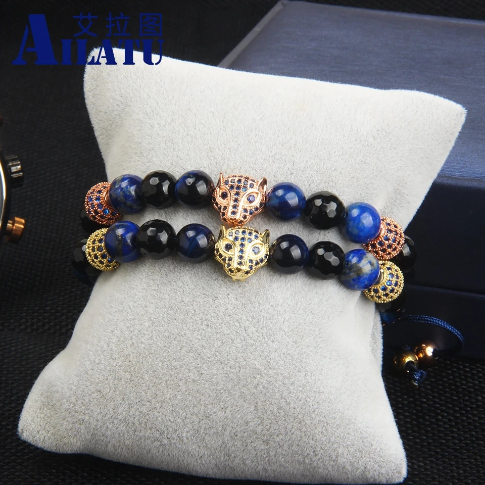 Ailatu New Blue Cz Panther Men Bracelet Wholesale 8mm Natural Tiger Eye Stone Macrame Leopard Jewelry with Stainless Steel Beads