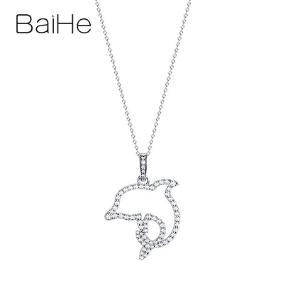 BAIHE Solid 18K White Gold 0.68ct H/SI Natural Diamond Dolphin Necklace Women Fine Jewelry Collar Delfín Náhrdelník s delfínmi