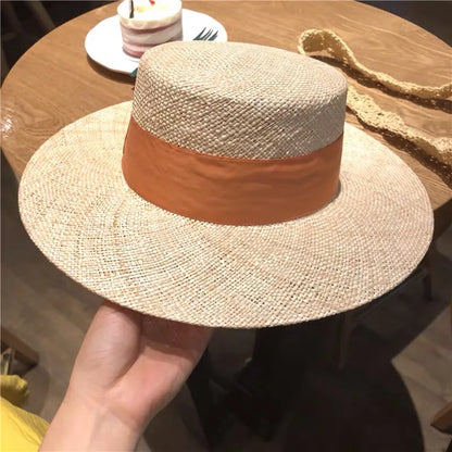 Sombrero de paja de alta calidad hecho a mano con parte superior plana de Treasure Grass de Filipinas, sombrero Fedora de moda para primavera y verano para mujer, sombrero para el sol en la playa