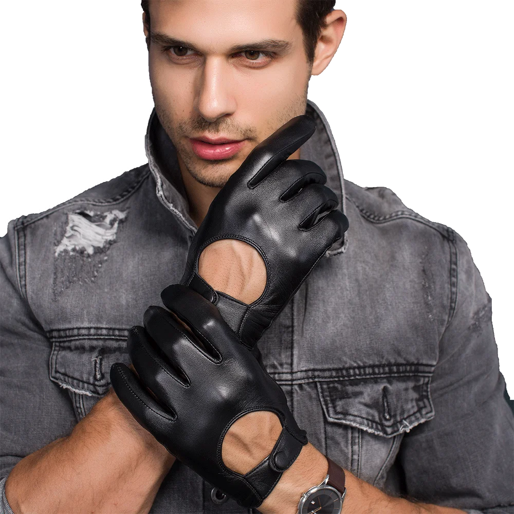 Men's Genuine Leather Gloves Locomotive Driving Gloves Lmported Sheepskin Touch Screen Winter Black Gloves