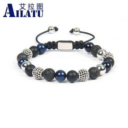 Ailatu 10 Pieces Brand New Green Cz Macrame Bracelet Men Natural Tiger Eye Stone Jewelry Stainless Steel Logo Beads Top Quality