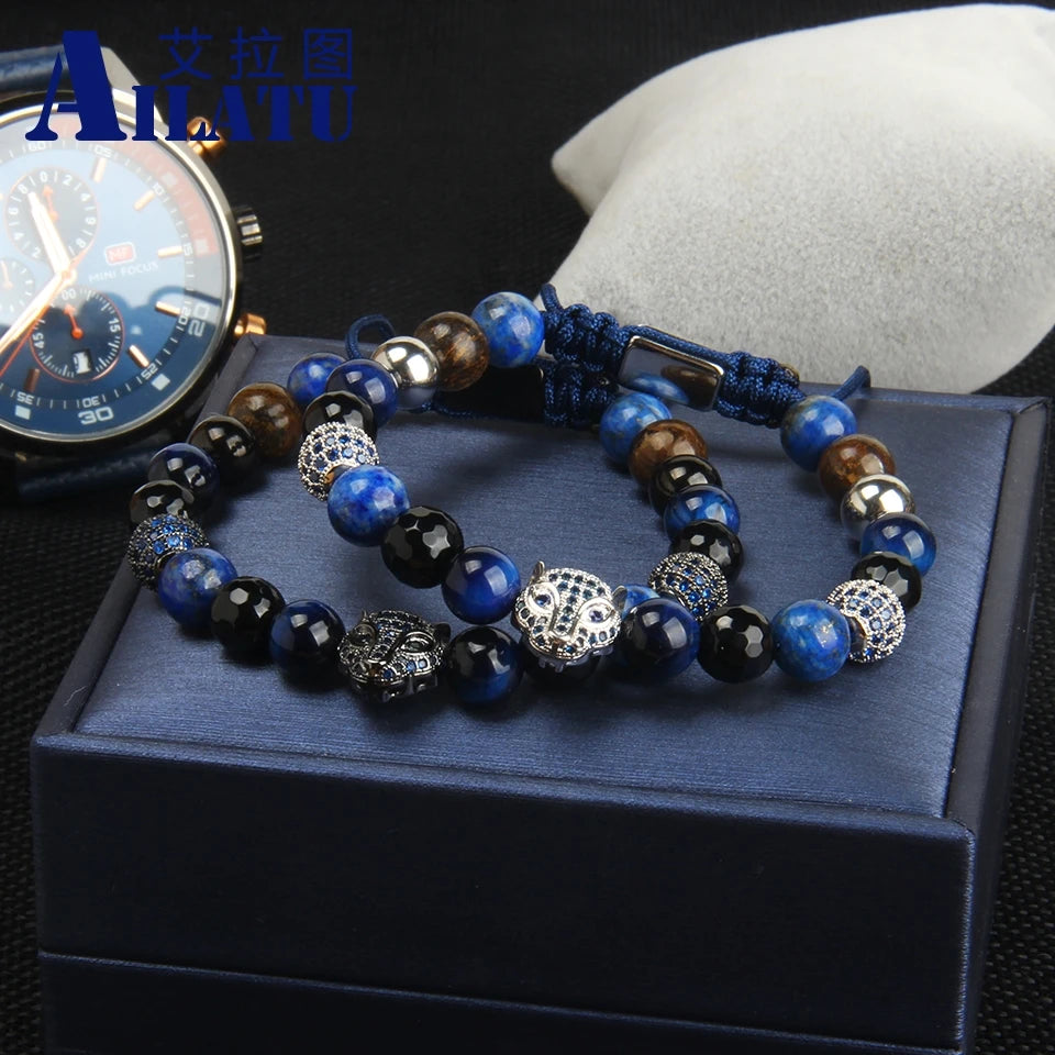 Ailatu New Blue Cz Panther Men Bracelet Wholesale 8mm Natural Tiger Eye Stone Macrame Leopard Jewelry with Stainless Steel Beads