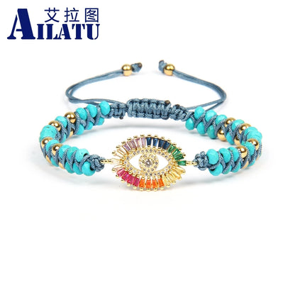 Pulsera tejida estilo bohemio con ojo de la suerte turco y circonita cúbica arcoíris de Ailatu Fashion, pulsera de la amistad única hecha a mano