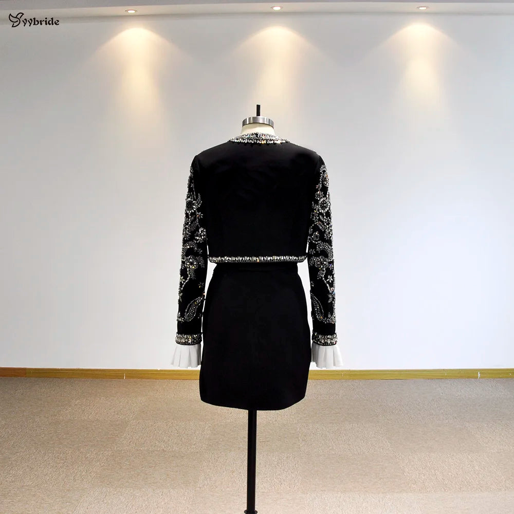 Vestido negro corto más nuevo de YYbride, cuello redondo, mangas largas, chaqueta con abalorios, servicio personalizado, elegante falda formal de noche para damas