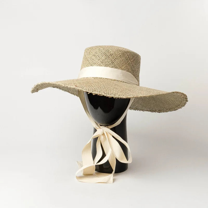 Nuevos sombreros de vaquero de paja de ala ancha y plana hechos a mano con hierba marina para mujer, sombrero personalizado de verano para viajes al aire libre, sombrero de visera de lujo para la playa