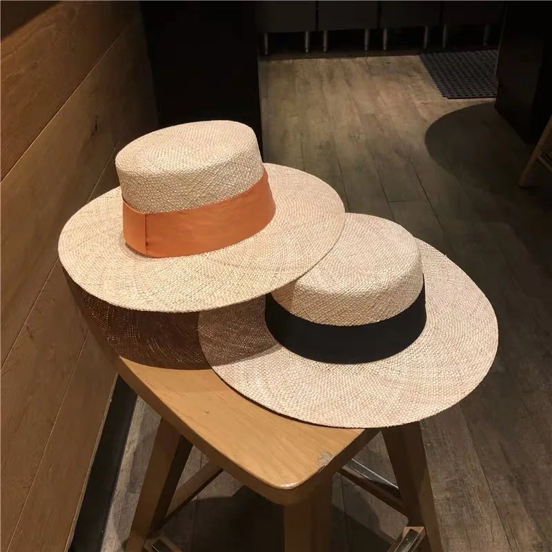 Sombrero de paja de alta calidad hecho a mano con parte superior plana de Treasure Grass de Filipinas, sombrero Fedora de moda para primavera y verano para mujer, sombrero para el sol en la playa