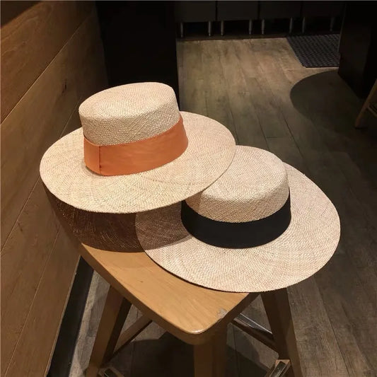 Philippine High-quality Treasure Grass Handmade Flat Top Straw Hat Women Spring Summer Fashion Fedora Hat Beach Sun Hat Chapeau