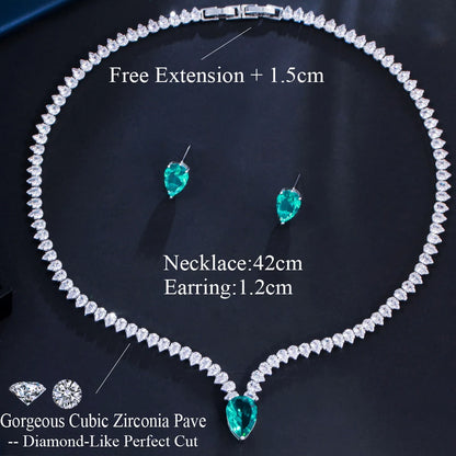 CWWZircons Elegante collar y pendientes de cristal de circonia cúbica con forma de gota de agua verde claro grande para mujer, conjuntos de joyería de fiesta de compromiso T560