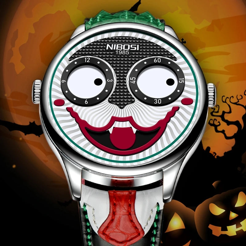 Nuevo reloj de lujo Joker para hombre, marca superior, personalidad creativa de moda, payaso, cuarzo, cuero, relojes deportivos impermeables para hombre