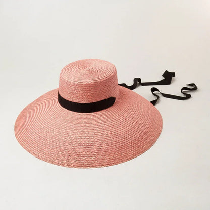 Chapeau de paille naturel teint à gros bord pour femme, vintage, personnalisé, plat, pour la plage, les voyages, protection solaire, noir, à lanières