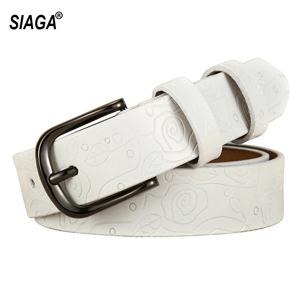 Fashion Design Floral Pattern Rose Red Genuine Leather Female Belt Women's Pin Buckle Metal Belts 28mm Wide 2023 FCO082