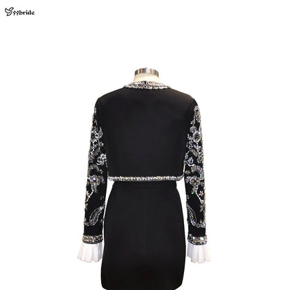 YYbride Nouvelle petite robe noire à col rond et manches longues avec veste perlée Service personnalisé Jupe de soirée formelle élégante pour dames