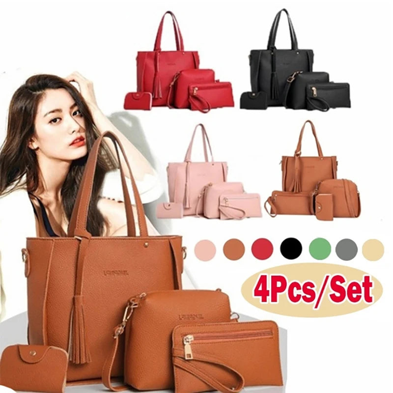 Lot de 4 sacs à bandoulière pour femmes, ensemble de sacs à bandoulière en cuir, sac à main pour dames, sac à bandoulière en PU, sac féminin