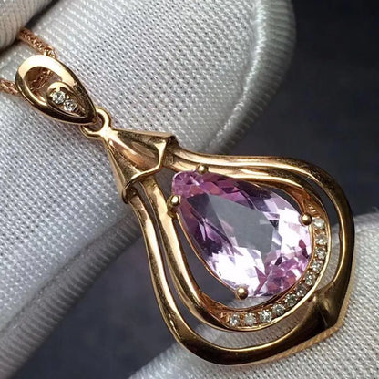 Fine Jewelry Real Pure 18 K Rose Gold Jewelry 100% Natural Kunzite 3.4ct Gemstone Diamonds Pendant Neckalces for Women