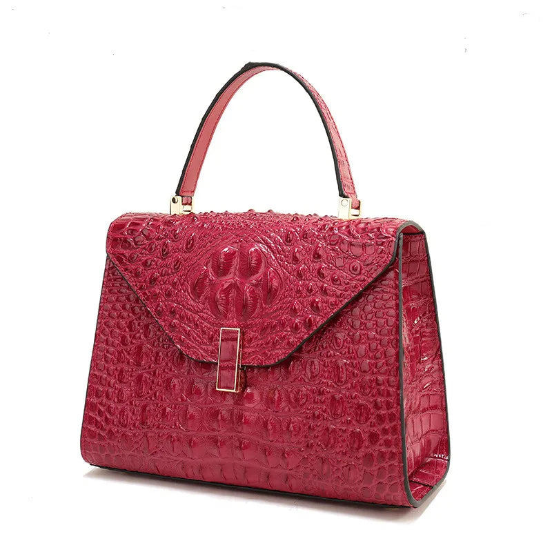 Sac à main carré en cuir véritable à texture crocodile pour femme