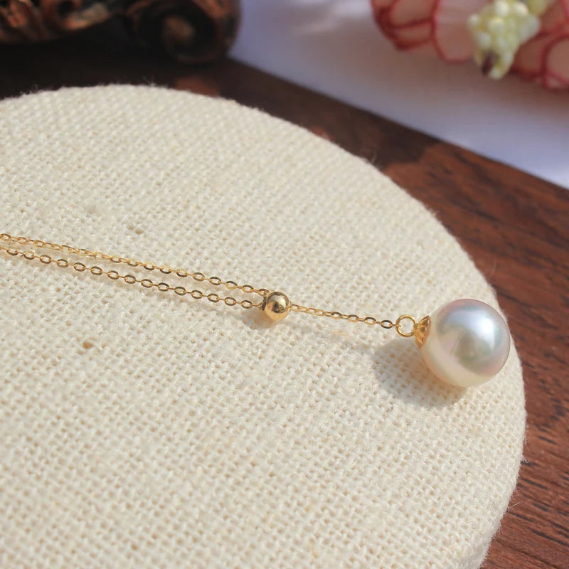 Fine Jewelry natural Akoya seawater pearl pendant fine round, adjustable 18 K gold clavicle necklace