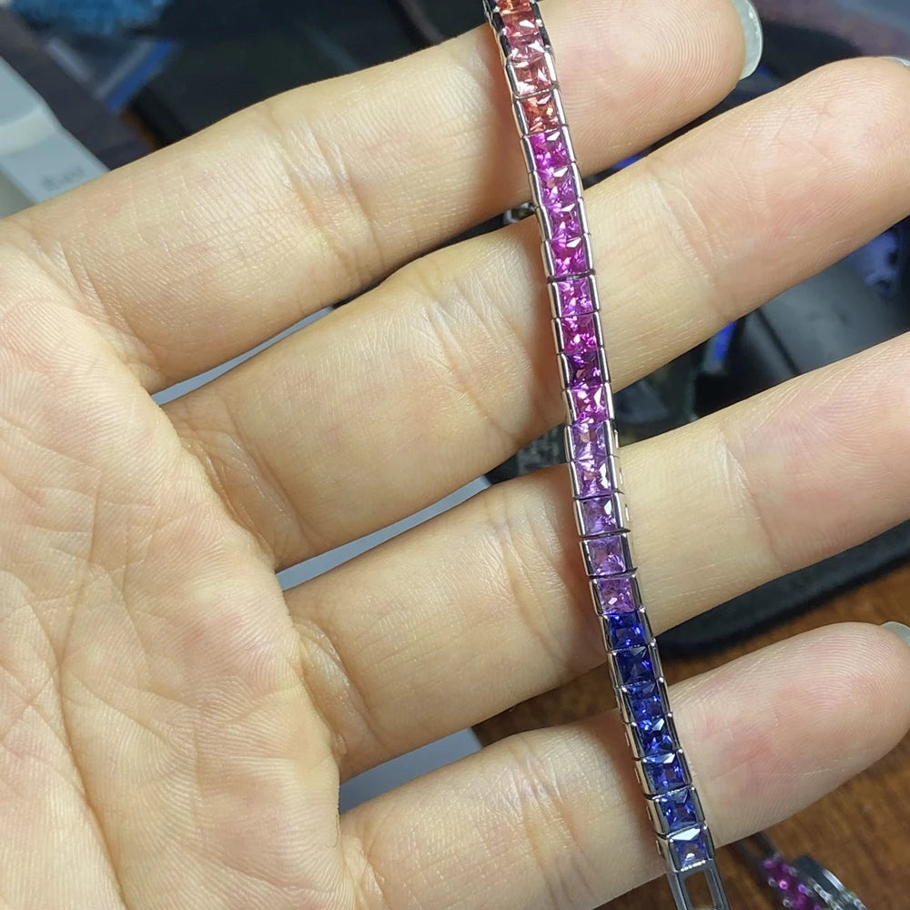 Bracelet à maillons de tennis Meisidian 3X3MM Rainbow Sapphire 18cm en acier inoxydable plaqué or blanc