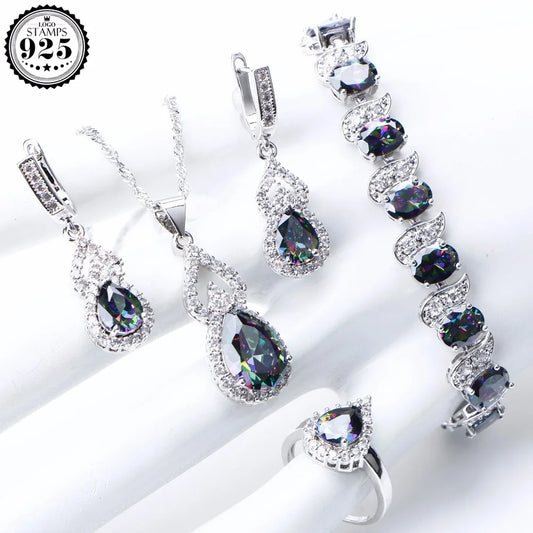 Ensembles de bijoux arc-en-ciel naturels en argent sterling 925, boucles d'oreilles de mariage avec pierres pour femmes, bracelet, collier, bagues, coffret cadeau