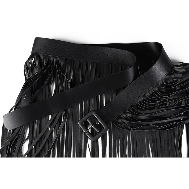 Boho Fringe Wide Belt Designer Women Leather Black Waist Belts Ladies  Personality Slim Long Tassel Strap Long Tassel Waistband