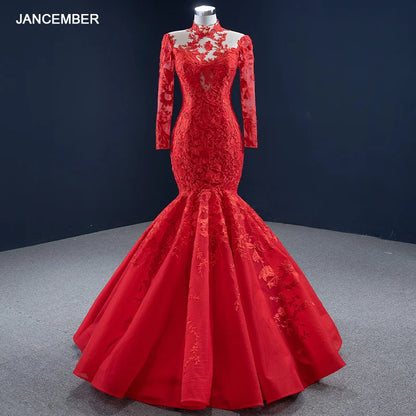 J67174 Jancember Robe de soirée rouge sirène 2021 Col haut Manches longues Jupe appliquée Femme Soirée