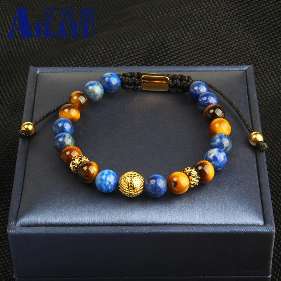 Ailatu Lot de 10 bracelets en macramé en acier inoxydable avec perles en pierre naturelle de 8 mm en lapis-lazuli et œil de tigre de qualité supérieure