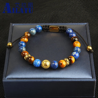 Ailatu 10 Pieces Stainless Steel Cross Macrame Bracelet with 8mm Nautural Lapis & Tiger Eye Stone Beads Top Quality