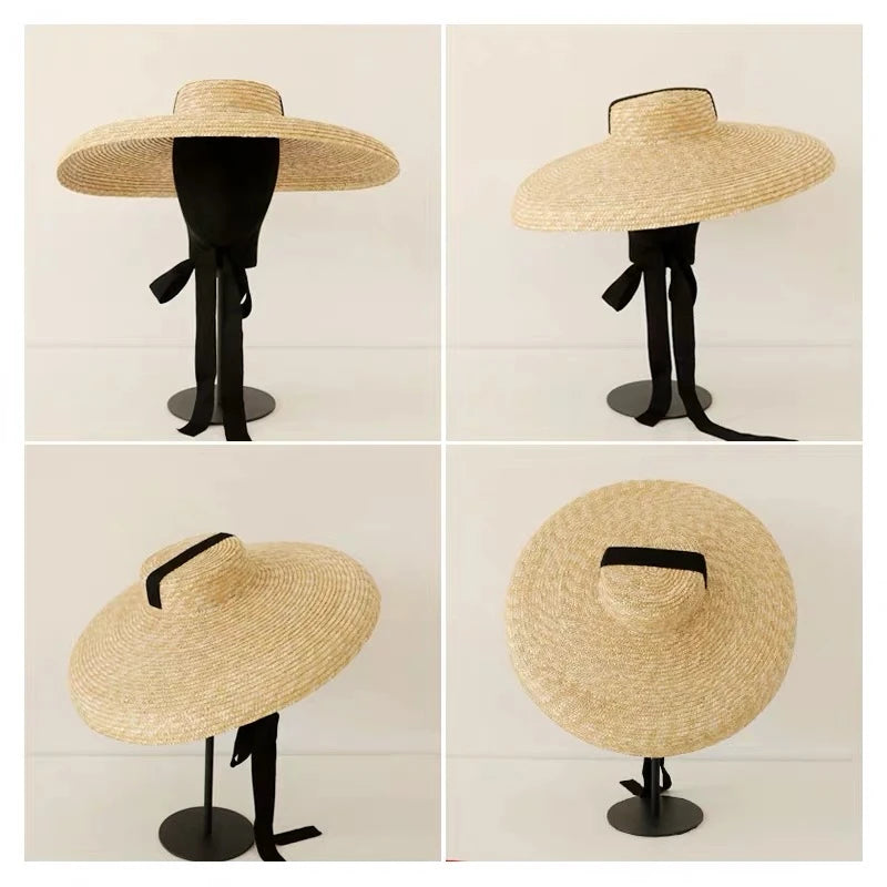 18cm Vintage Wide Brim Boater Sun Hat Big Floppy Women Summer Hat UV Sun Block Straw Hat Travel Derby Hat Beach Cap Black White