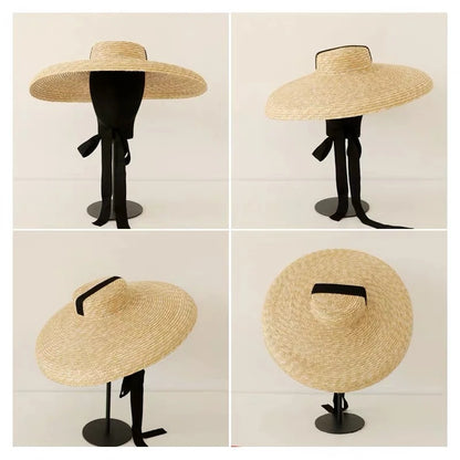 Sombrero de ala ancha vintage de 18 cm, sombrero de sol grande y flexible para mujer, sombrero de paja con protección solar UV, sombrero Derby de viaje, gorra de playa, negro y blanco