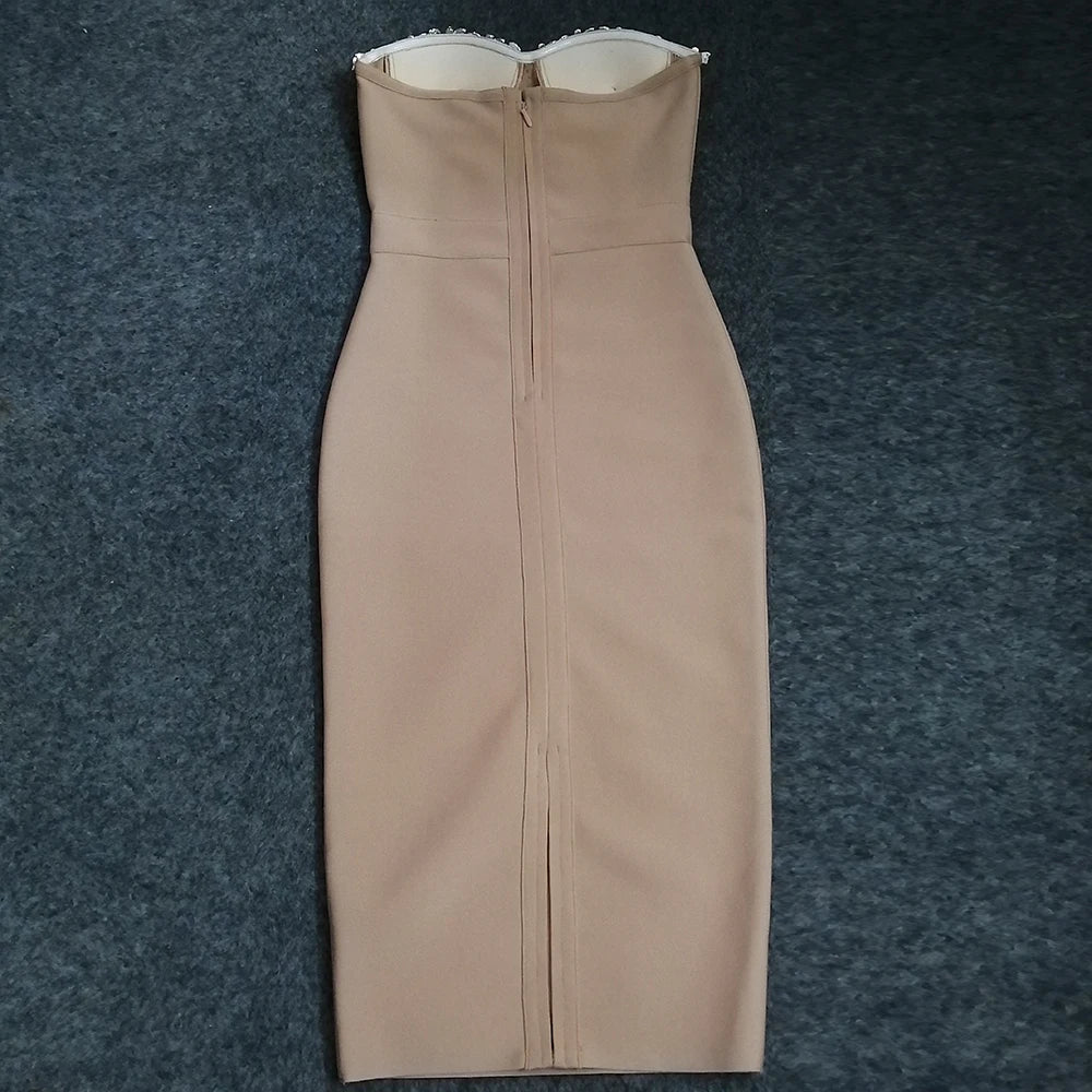 Vestido sexy sin tirantes para mujer, ceñido al cuerpo, con abalorios, elegante, para fiesta, noche, club, midi, ropa de verano y otoño, 2023