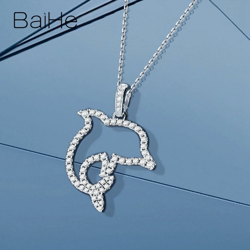 BAIHE Solid 18K White Gold 0.68ct H/SI Natural Diamond Dolphin Necklace Women Fine Jewelry Collar Delfín Náhrdelník s delfínmi