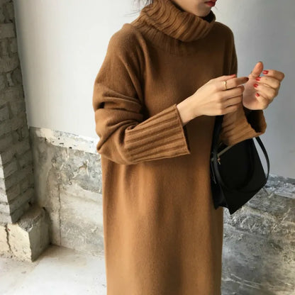 Vestido tipo suéter largo de cuello alto grueso para mujer, vestido tipo jersey de punto con abertura recta y manga larga para otoño e invierno, color liso