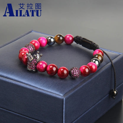 Ailatu Lot de 10 bracelets en forme de couronne pour couple, perles en pierre naturelle œil de tigre verte et rose, fil ondulé, bijoux en macramé