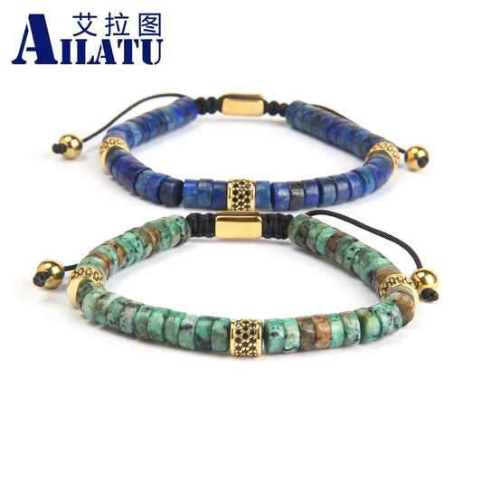 Ailatu Men's Macrame Bracelet with 6mm Lapis Lazuli & African Stone Beads Couples Jewelry Top Quality Free Logo Service