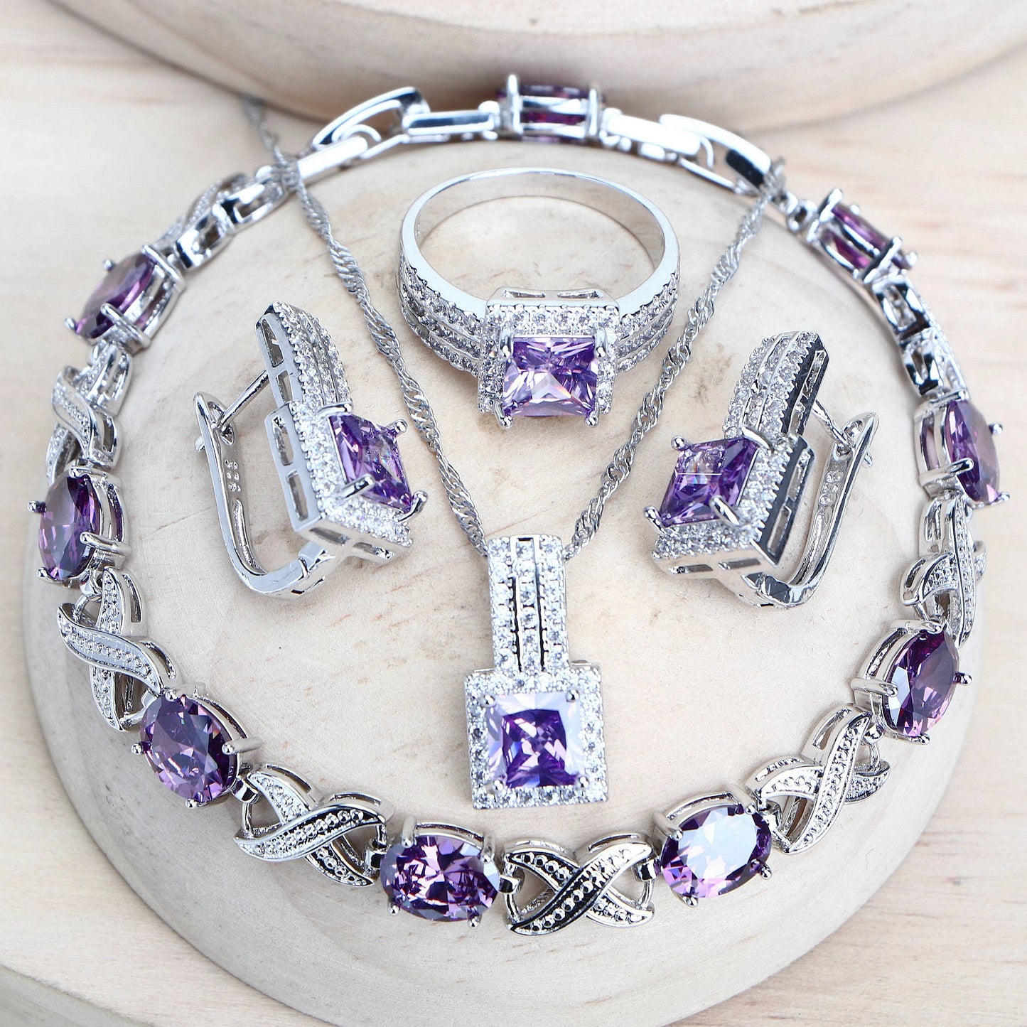 Parure de bijoux de mariée pour femme en argent 925 avec zircone violette, bijoux fantaisie raffinés, boucles d'oreilles, bagues, bracelets, pendentif, collier