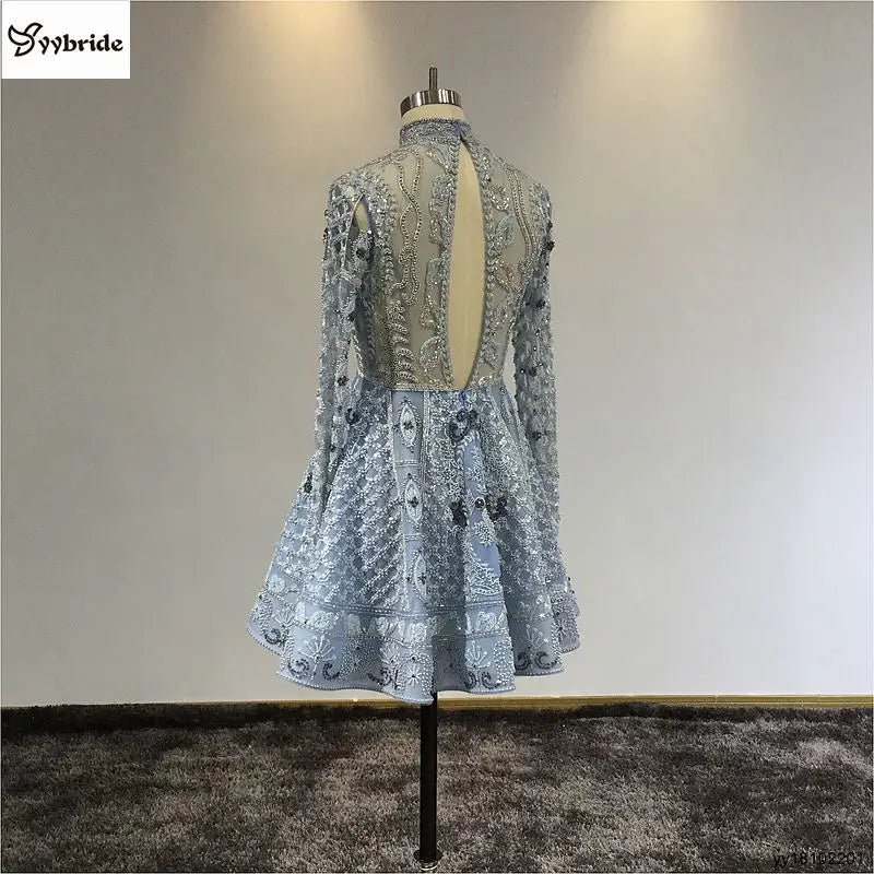 Vestido mini personalizado Surmount, vestido de fiesta corto de manga larga con corte A y cuello alto, estilo vintage con abalorios y cristales, vestidos de celebridades