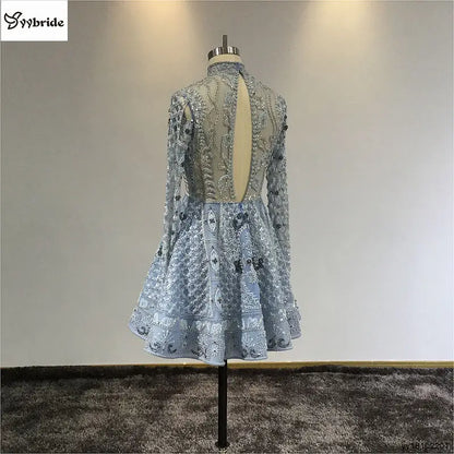 Surmount Customized Mini dress A-line Long Sleeves Mini Short Party Dress High Neck Vintage Beading Crystals Celebrity Dresses