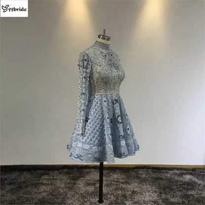 Surmount Customized Mini dress A-line Long Sleeves Mini Short Party Dress High Neck Vintage Beading Crystals Celebrity Dresses